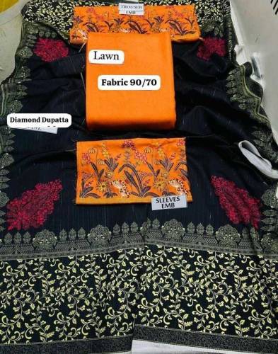 3 Pcs Women's Unstitched Lawn Embroidered Suit