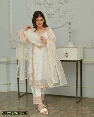 3 Pcs Womens Stitched Organza Embroidered Suit 