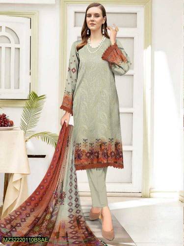 3 Pcs women's unstitched Lawn chikankari embroidered suit 