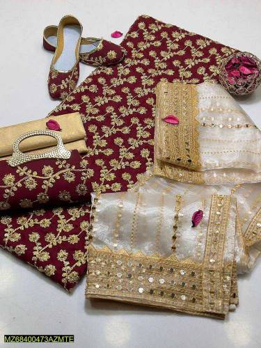 3pcs women unstitched chiffon embroid suit with khussa and clutch