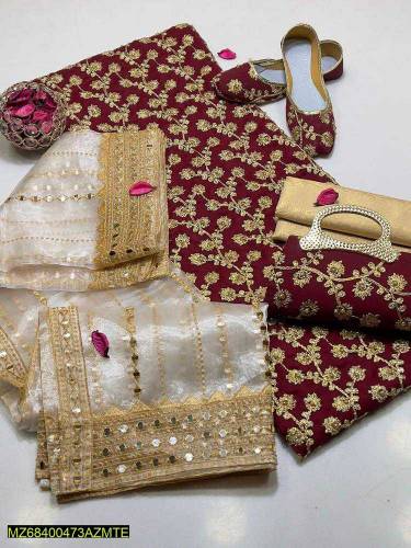 3pcs women unstitched chiffon embroid suit with khussa and clutch