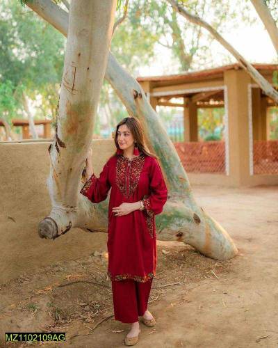 2 Pcs Women's Stitched Linen Sequins Embroidered Shirt And Trouser 
