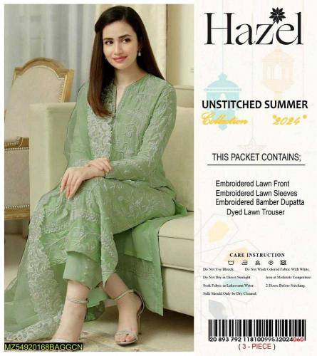 3 Pcs women's unstitched Lawn embroidered suit 