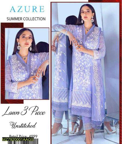 3 Pcs women's unstitched Lawn embroidered suit 