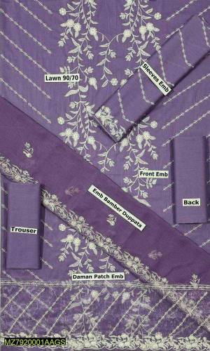 3 Pcs women's unstitched Lawn embroidered suit 