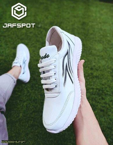 Man's Athletic Running Sneakers-JF019, White With Black Lines