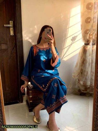  2 Pcs Women's Stitched Linen Embroidered Suit