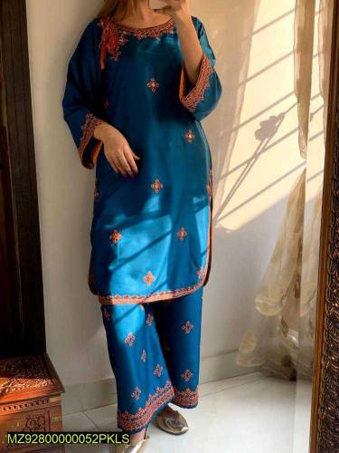  2 Pcs Women's Stitched Linen Embroidered Suit