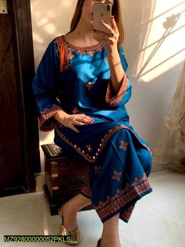  2 Pcs Women's Stitched Linen Embroidered Suit