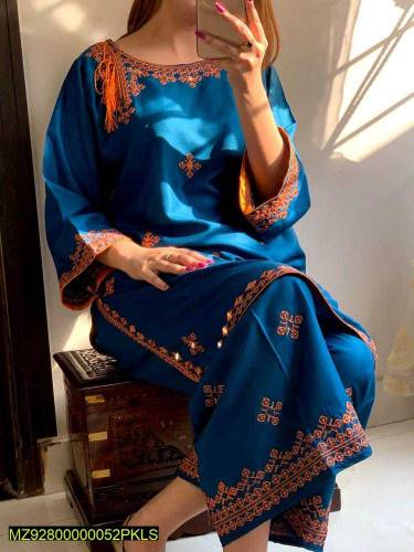  2 Pcs Women's Stitched Linen Embroidered Suit