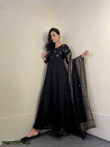 3 PC women's stitched chiffon full flare Embroidery maxi dress 