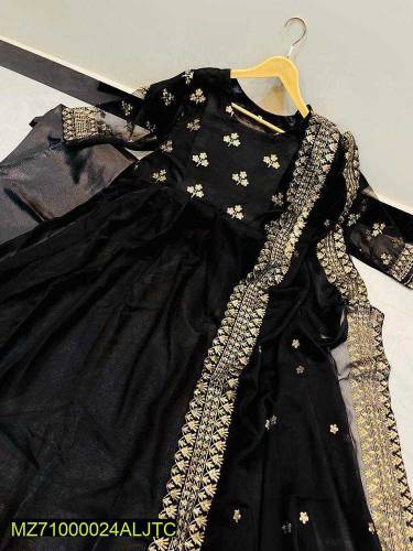 3 PC women's stitched chiffon full flare Embroidery maxi dress 