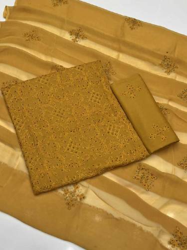 3pc suit with shifoon embroidered dupatta along embroidered trouser...