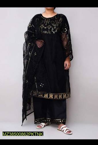 : 3 Pcs Women's Stitched Fancy Organza Embroidered Suit*
