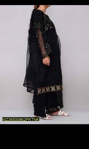 : 3 Pcs Women's Stitched Fancy Organza Embroidered Suit*