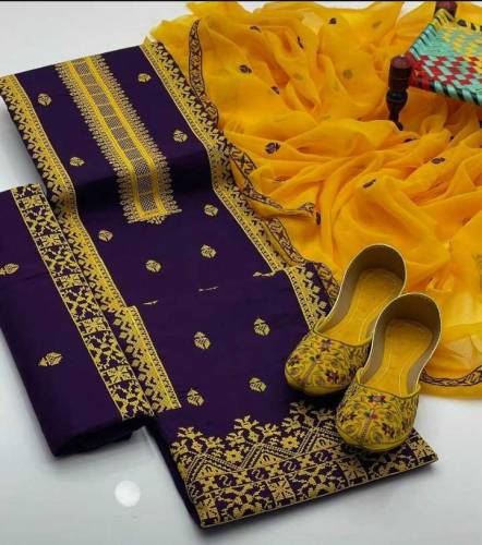 3 PCs woman's unstitched cotton Embroidered suit