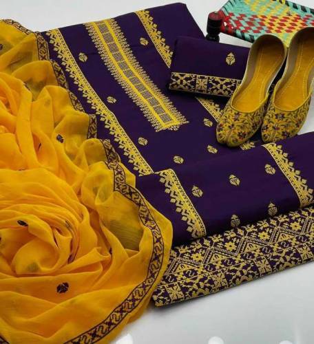 3 PCs woman's unstitched cotton Embroidered suit