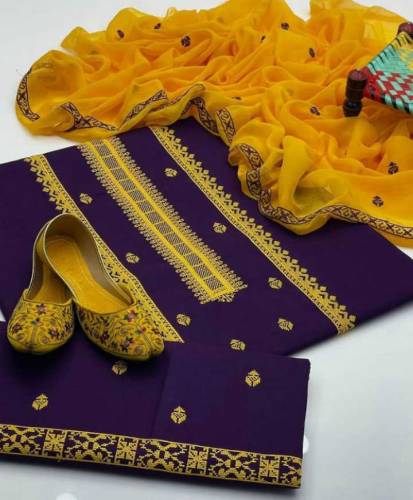 3 PCs woman's unstitched cotton Embroidered suit
