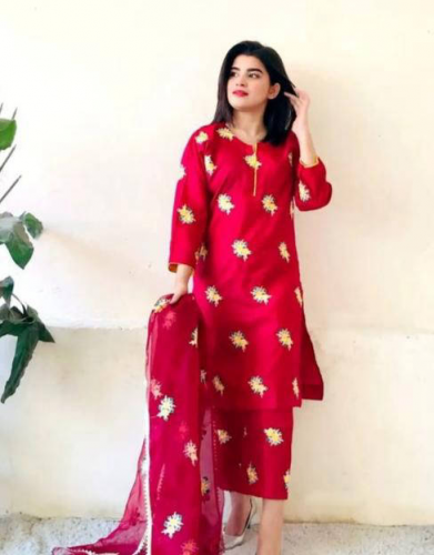 3 Pcs women's Stitched Katan Silk Embroidered Suit 