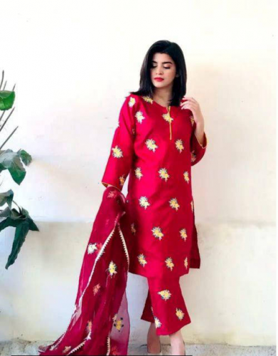 3 Pcs women's Stitched Katan Silk Embroidered Suit 