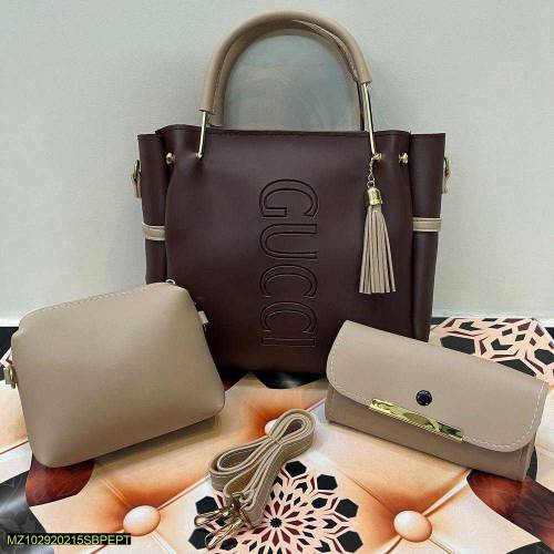 3PCs Women's PU Leather Plain Hand Bag