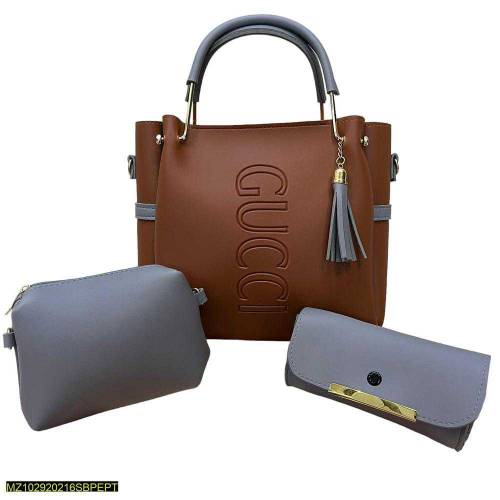 3PCs Women's PU Leather Plain Hand Bag