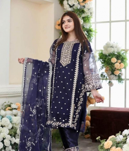 3 pcs women's stitched organza embodied suit 