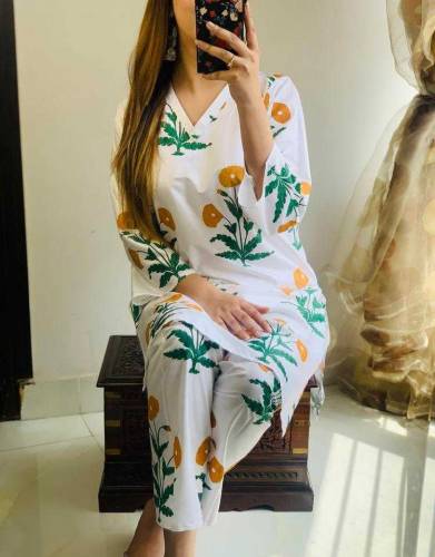 2pcs women stitched linen printed shirt and trouser 