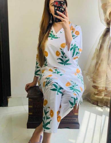2pcs women stitched linen printed shirt and trouser 