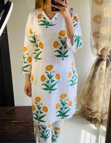 2pcs women stitched linen printed shirt and trouser 