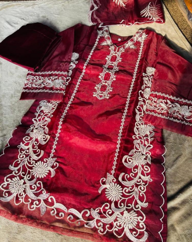 3 Pcs women's stitched organza embroidered suit 