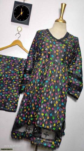 2 pcs girls stitched lawn digital print frock and trouser