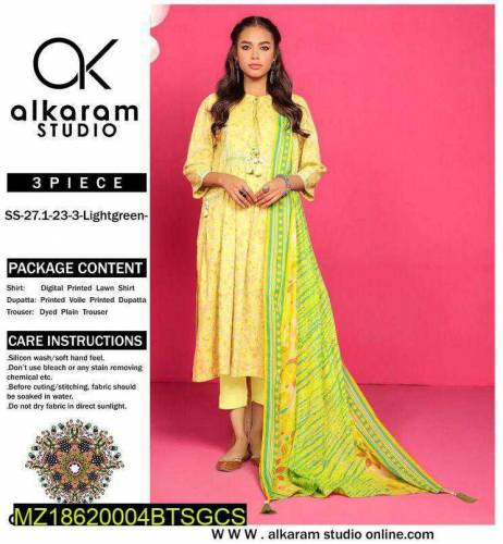 3 Pcs Women's Unstiched Lawn Suit