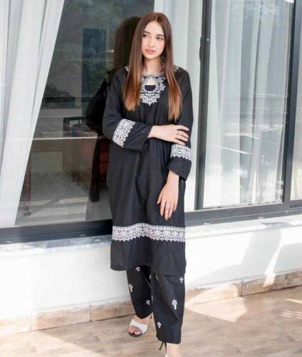 2pcs women stitched arabic lawn embroidered suit 