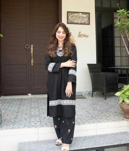 2pcs women stitched arabic lawn embroidered suit 