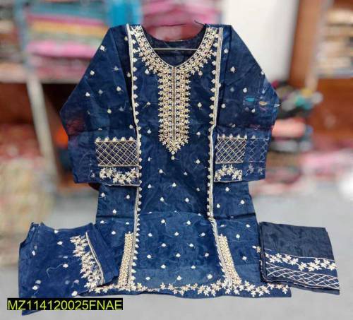 3 Pcs women's stiched Tissue Organza Embroidered suit 