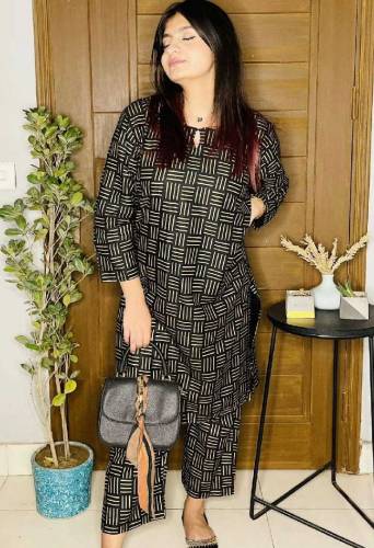 2 pcs block printed linen suit 