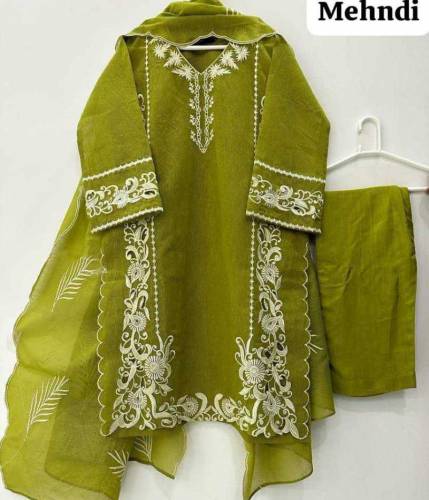 3pcs women stitched organza embroidered suit 