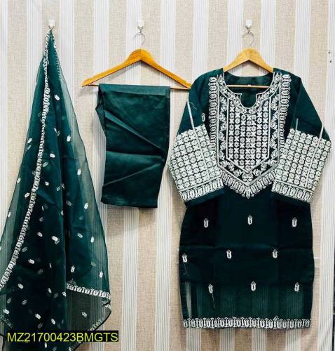 3 PC WOMEN'S STICHED ORGANZA EMBROIDERED SUIT 