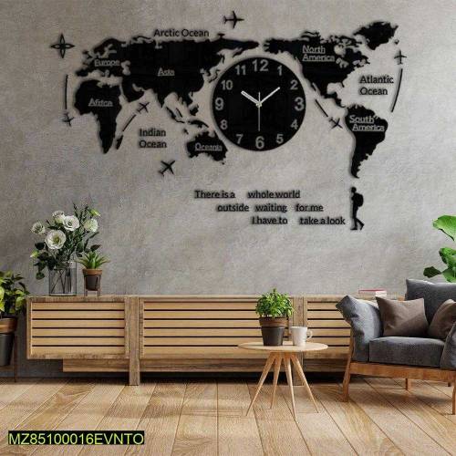 world map design MDF wall glock