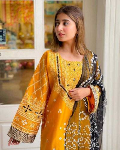 3pcs women stiched Katan silk printed suit