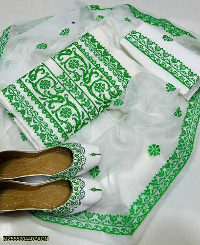 3Pcs Woman's Unstitched Cotton Embroidered Suit 