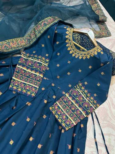 Neck,Sleeves Kaya Work Embroidered Long Maxi With Lace Work Dupatta 