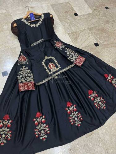 Neck,Sleeves Kaya Work Embroidered Long Maxi With Lace Work Dupatta 