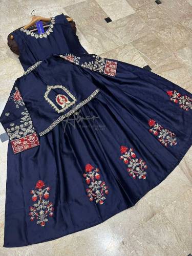 Neck,Sleeves Kaya Work Embroidered Long Maxi With Lace Work Dupatta 
