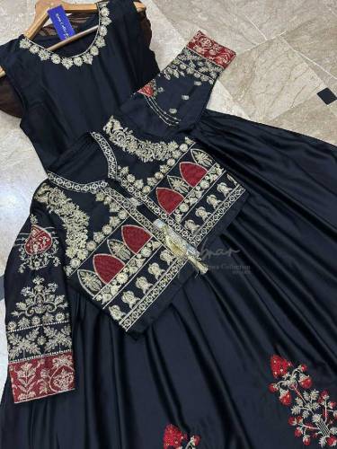 Neck,Sleeves Kaya Work Embroidered Long Maxi With Lace Work Dupatta 