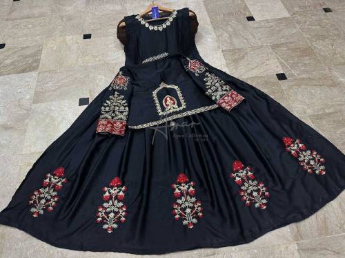 Neck,Sleeves Kaya Work Embroidered Long Maxi With Lace Work Dupatta 