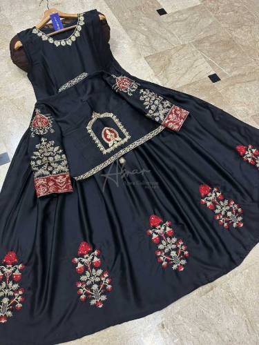 Neck,Sleeves Kaya Work Embroidered Long Maxi With Lace Work Dupatta 