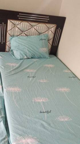 pair of single beds with mattress and side tables 
