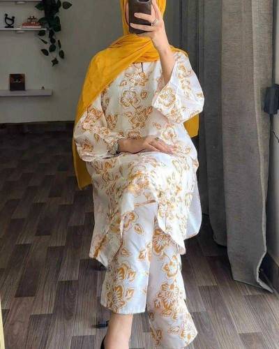 2 PCS Women's Stitched Linen Printed Suit 